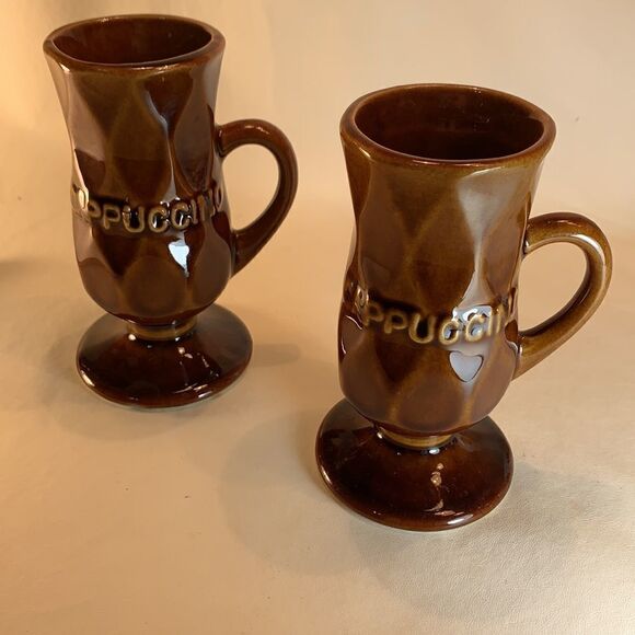 Set 2 Brown Ceramic Textured Cappuccino Mugs 4 1/2 Inches Tall 2 Inches Round - Picture 5 of 5